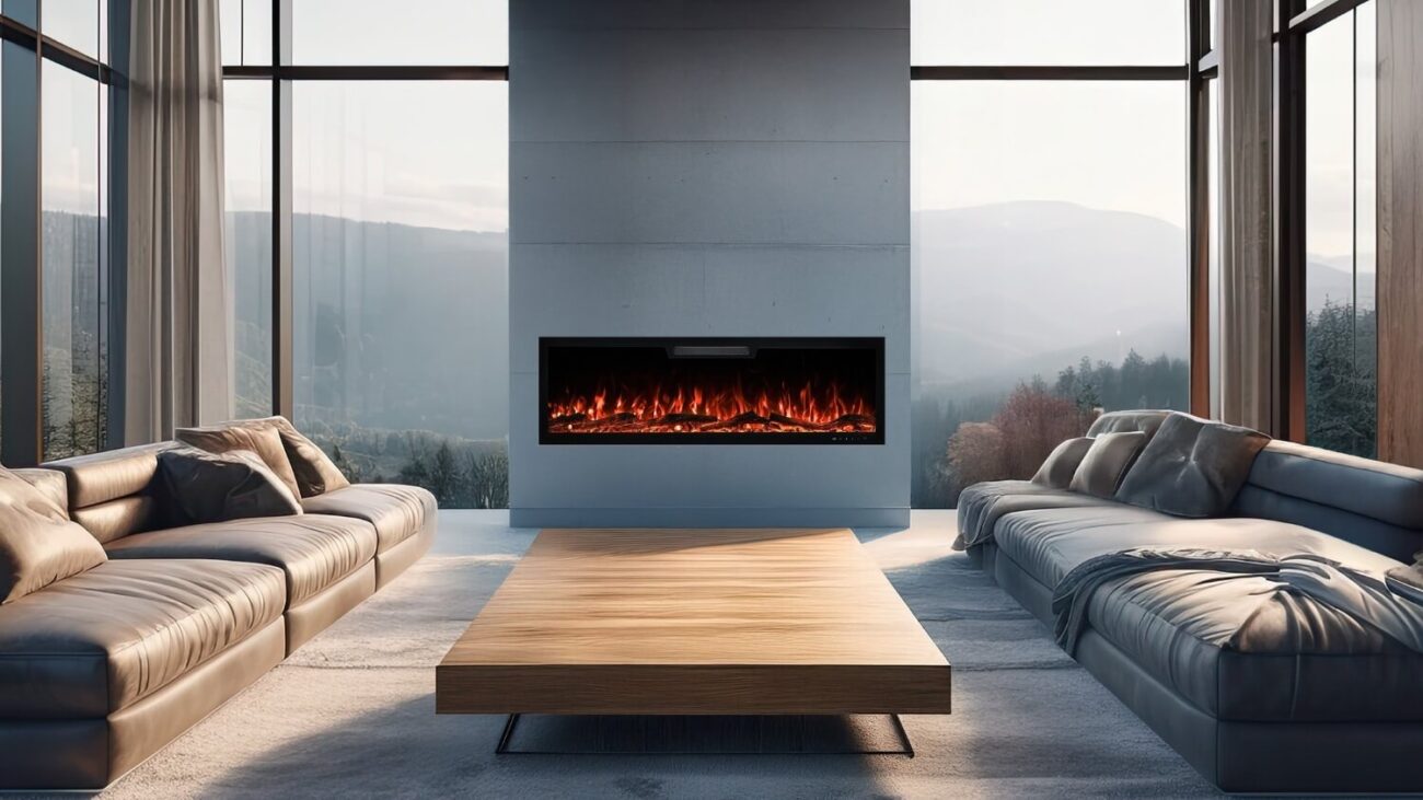 aflamo-kominek-elektryczny-led-scienny-elite-aranzacja Kominek Elite nad telewizorem – instalacja ścienna LED.