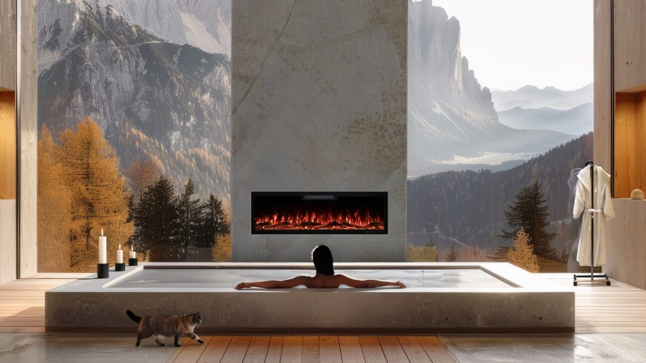 aflamo-kominek-elektryczny-led-scienny-elite-scienny Kominek elektryczny Elite w dużym salonie – nowoczesna instalacja ścienna.