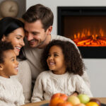 Kominek elektryczny w sesji zdjęciowej. Jak wykorzystać go do kreowania atmosfery? Kominek elektryczny w sesji zdjęciowej. Rodzina na tle tlącego się kominka elektrycznego. Dostępny w sklepie kominkielektryczne.pl.