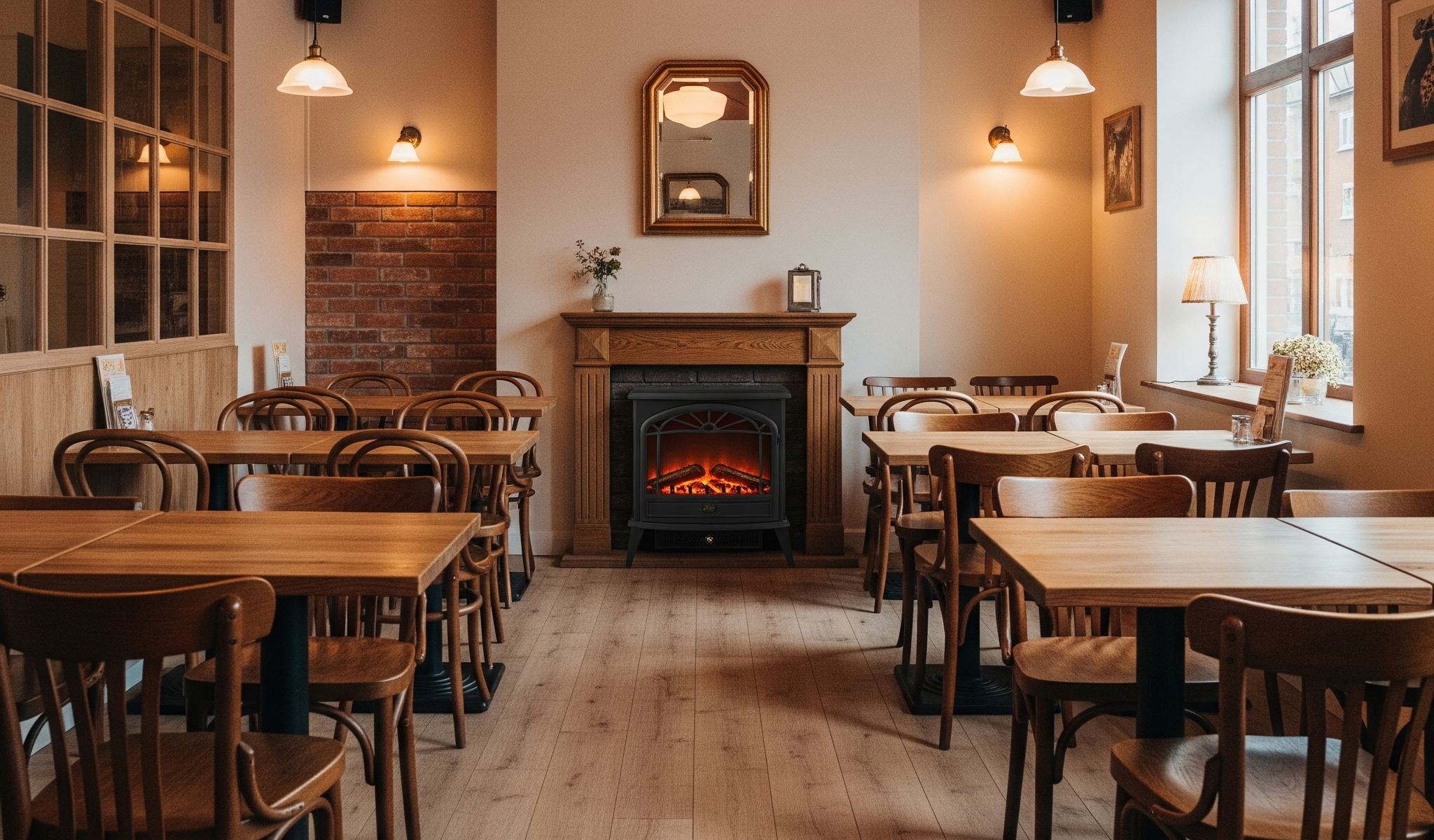 Elegancki kominek elektryczny w restauracji w stylu klasycznym, tworzący przytulną atmosferę wśród drewnianych stołów i ciepłego oświetlenia.