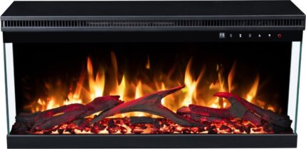 Kominek elektryczny LED Unique 80 Pro z wyświetlonym efektem płomienia w kolorze pomarańczowym