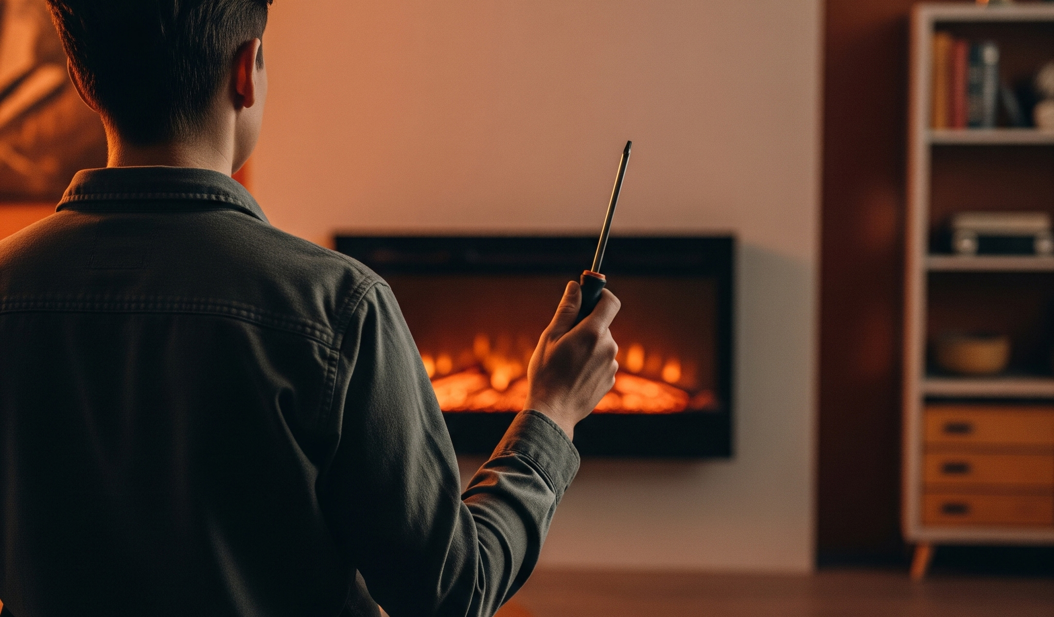 problemy z kominkiem elektrycznym. kominek elektryczny. Mężczyzna ze śrubokrętem gotowy do samodzielnej naprawy. Poradnik na kominkielektryczne.pl