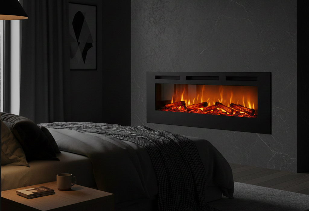 Kominki elektryczne z funkcją grzania. Kominek na ścianie w sypialni. Płomień ociepla sypialnię w ciemnych kolorach.