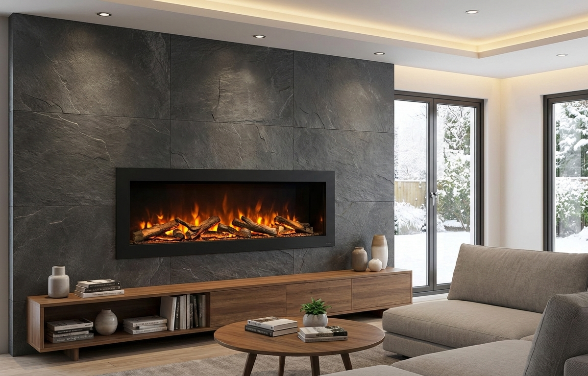 Nowoczesna ściana medialna z kominkiem elektrycznym LED i dużym telewizorem w salonie.