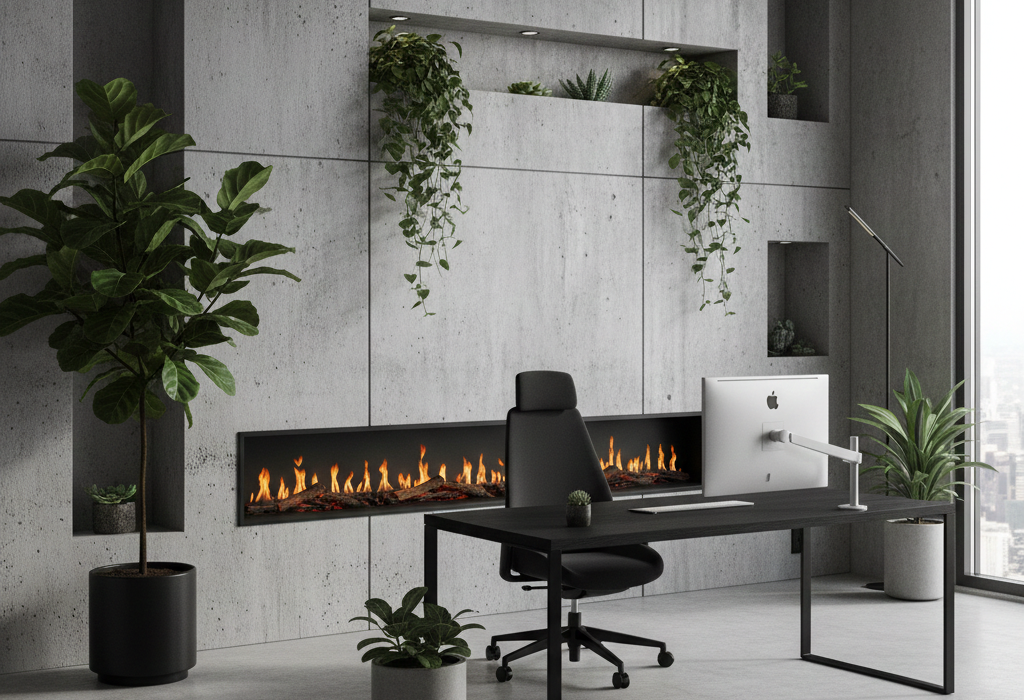 Panoramiczny kominek elektryczny wkomponowany w betonową ścianę nowoczesnego gabinetu, ilustrujący systemową integrację z architekturą.