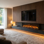 Konstrukcja Media Wall. Obciążenia, dylatacje i stabilność systemów zabudowy GK Kominek elektryczny na ścianie medialnej w wielkim salonie z dużym oknem. Ściana medialna z kominkiem oświetlona dwoma lamkami.