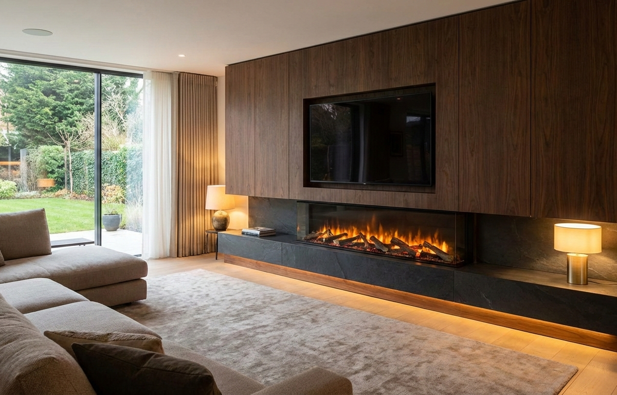Kominek elektryczny na ścianie medialnej w wielkim salonie z dużym oknem. Ściana medialna z kominkiem oświetlona dwoma lamkami.