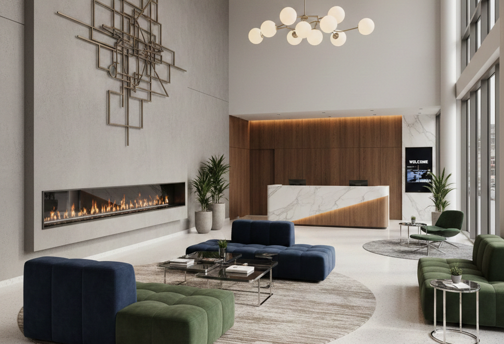 Nowoczesny kominek elektryczny o liniowej konstrukcji zainstalowany w minimalistycznej zabudowie wysokiego lobby, pokazujący dylatację i serwisowalność.