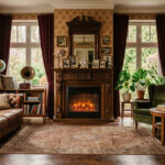 Vintage we współczesnym salonie – jak połączyć nowy kominek elektryczny z meblami z charakterem Salon vintage z kominkiem elektrycznym. Wnętrze salonu vintage z miejscem na kominek. Zamiast prawdziwego ognia bezpieczny wkład elektryczny z imitacją palących się polan.