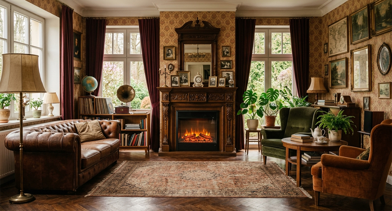 Salon vintage z kominkiem elektrycznym. Wnętrze salonu vintage z miejscem na kominek. Zamiast prawdziwego ognia bezpieczny wkład elektryczny z imitacją palących się polan.