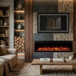 Tekstury zamiast dekoracji – jak zbudować efekt premium wokół kominka elektrycznego Zabudowa kominka elektrycznego. Jak uzyskać efekt premium. Kominek elektryczny w salonie z wieloma teksturami na ścianach. Sklep online.
